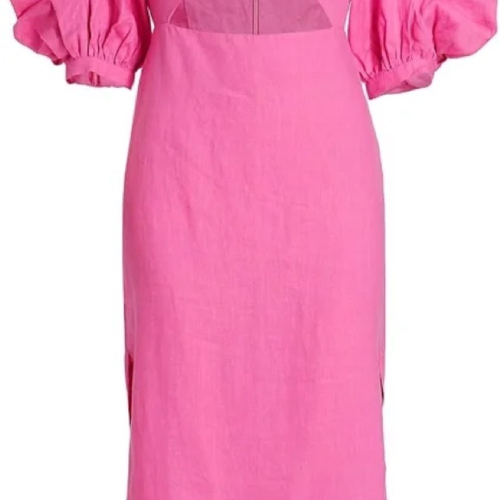 NWT FARM Rio Linen Pink Puff Sleeve Dress - Picture 5 of 5